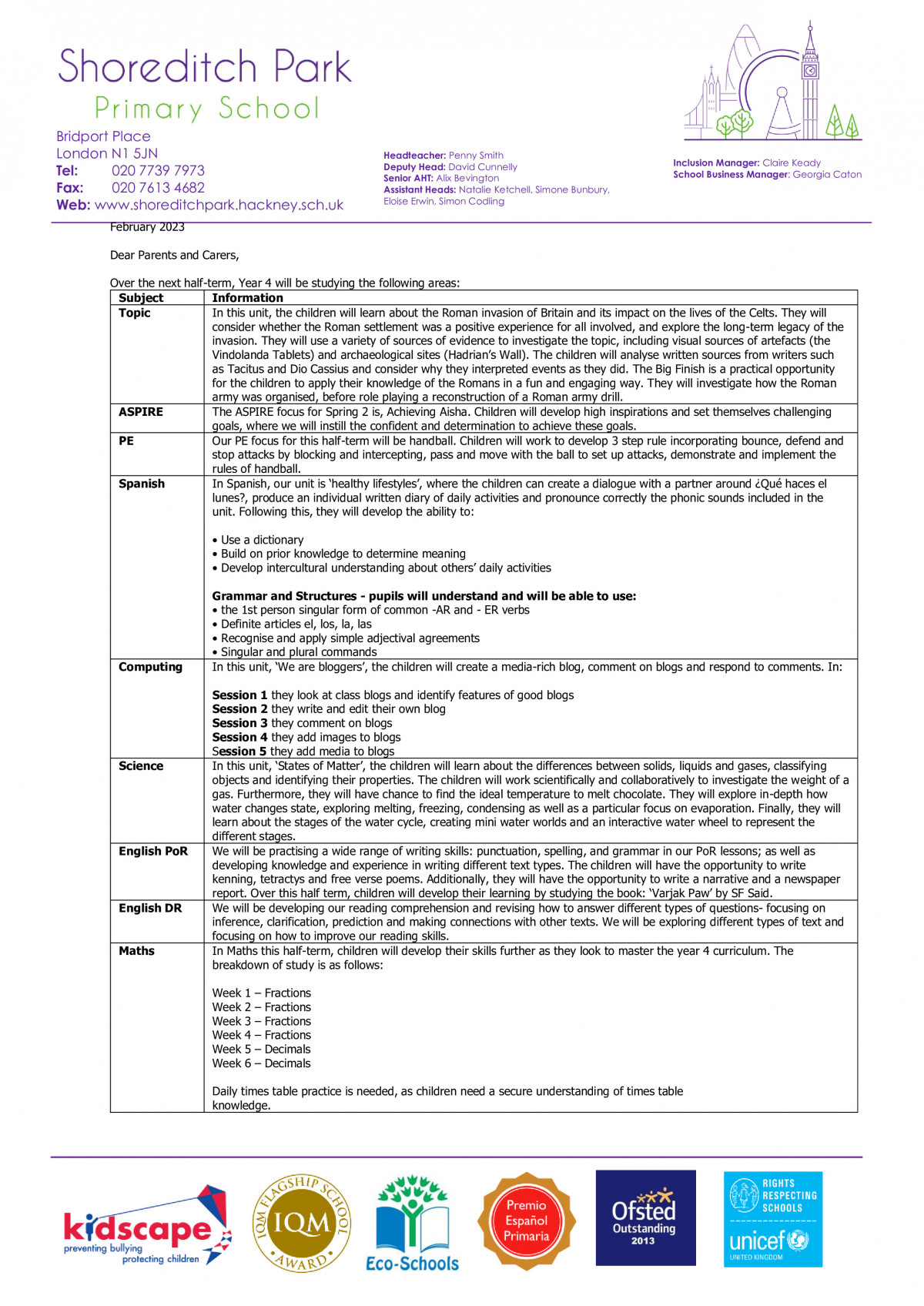 Year 4 Curriculum Letter - Spring 2 2023 - Shoreditch Park Primary School