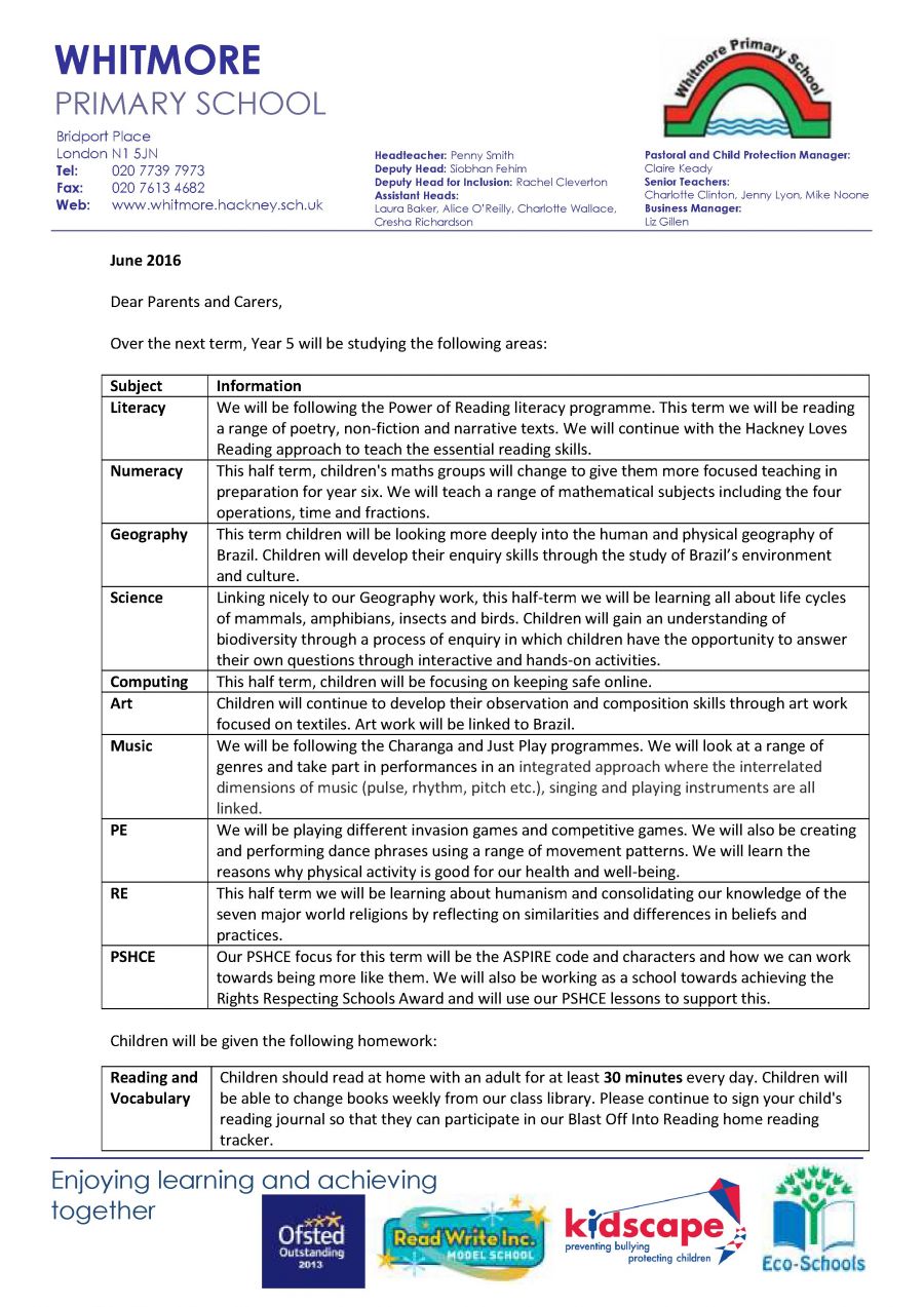 Year 5 Curriculum Letter - Summer 2 2016 - Shoreditch Park Primary School
