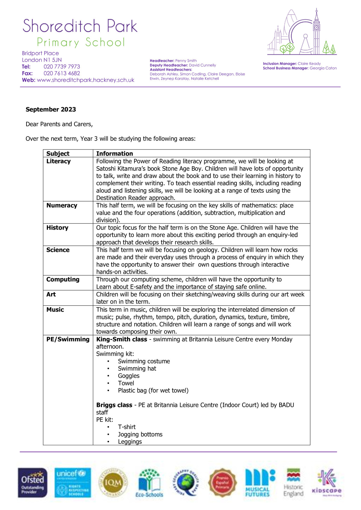 Year 3 curriculum letter - September 2023 - Shoreditch Park Primary School