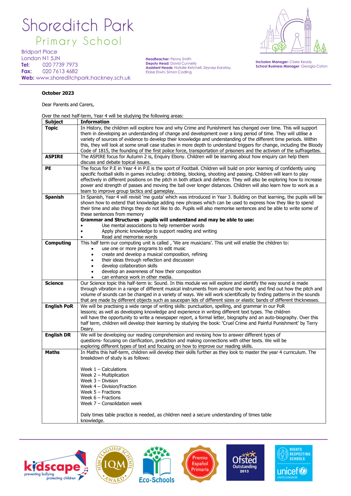 Year 4 Curriculum Letter - Autumn 2 - Shoreditch Park Primary School