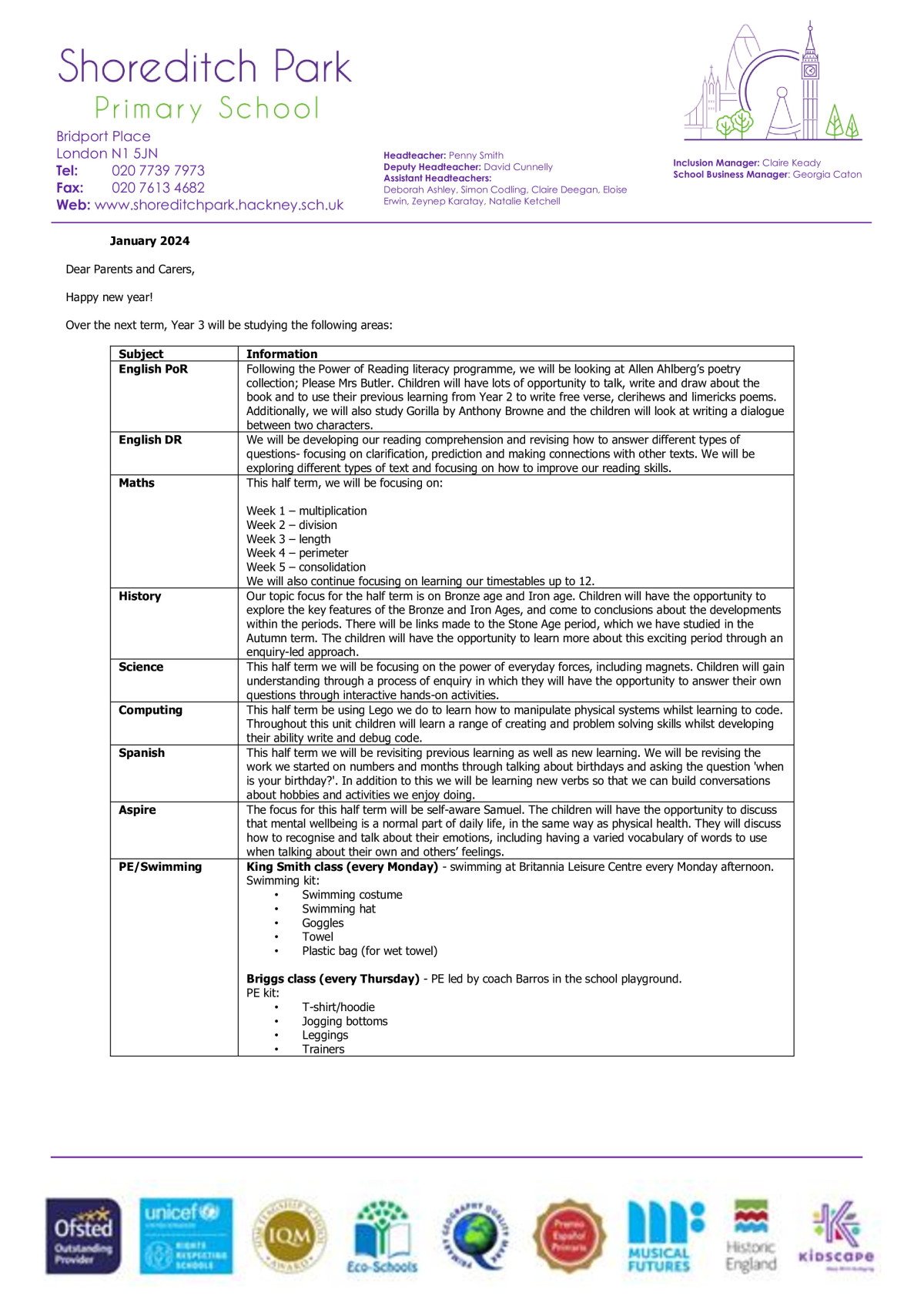 Year 3 Curriculum Letter - Spring 1 2024 - Shoreditch Park Primary School