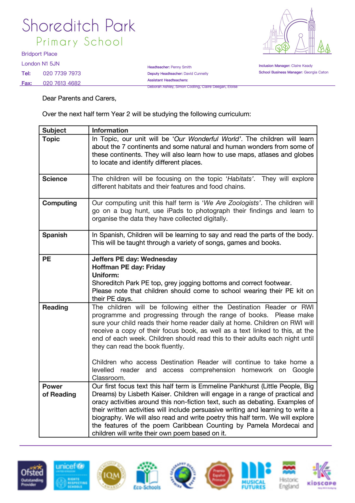 Year 2 Curriculum Letter - Summer 1 2024 - Shoreditch Park Primary School