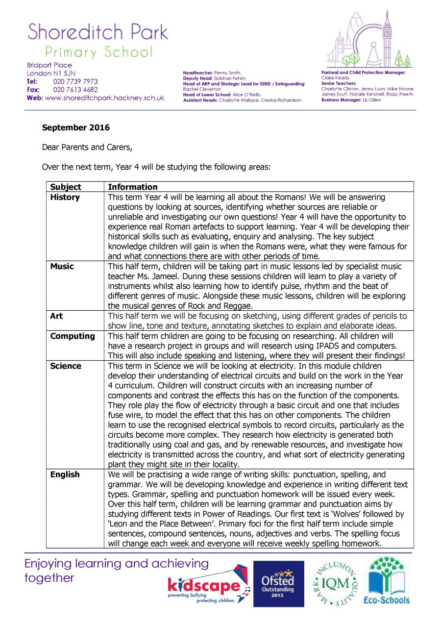 Year 4 Curriculum Letter Autumn 1 2016 - Shoreditch Park Primary School