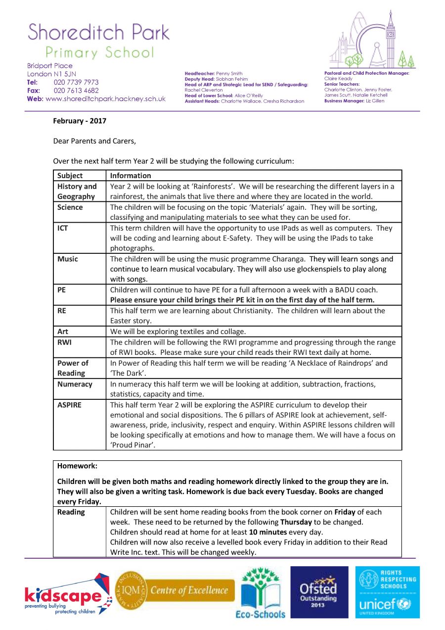Year 2 - Curriculum Letter Spring 2 2017 - Shoreditch Park Primary School