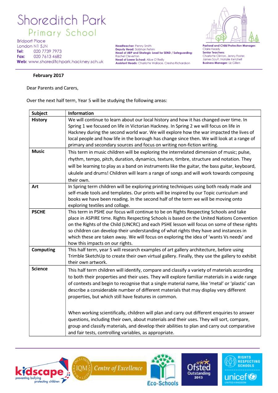 Year 5 - Curriculum Letter Spring 2 2017 - Shoreditch Park Primary School