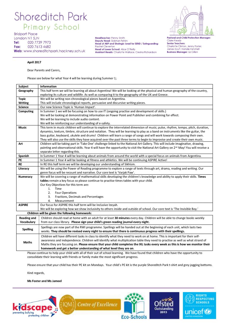 Year 4 Curriculum Letter - Summer 1 2017 - Shoreditch Park Primary School