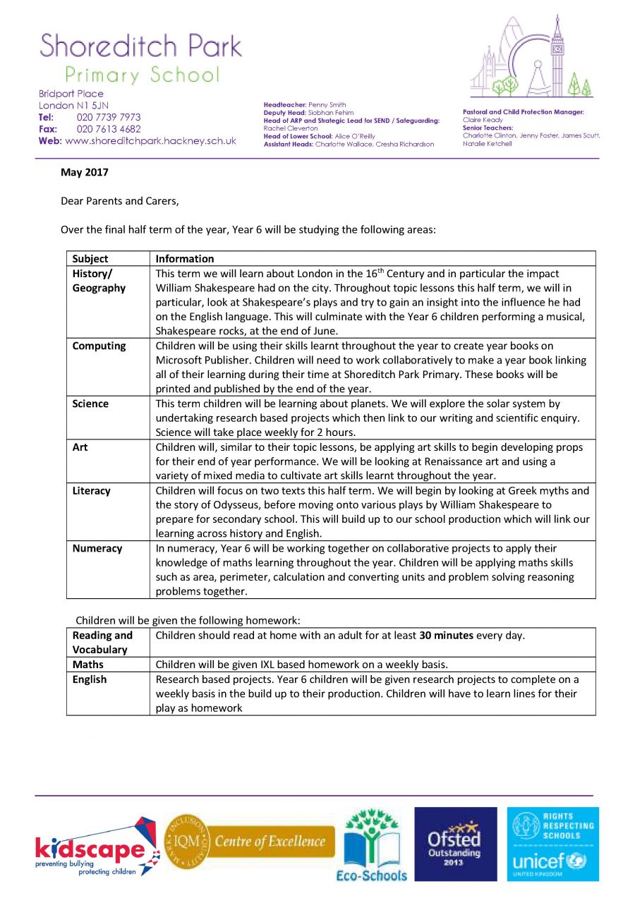 Year 6 Curriculum Letter - Summer 2 2017 - Shoreditch Park Primary School