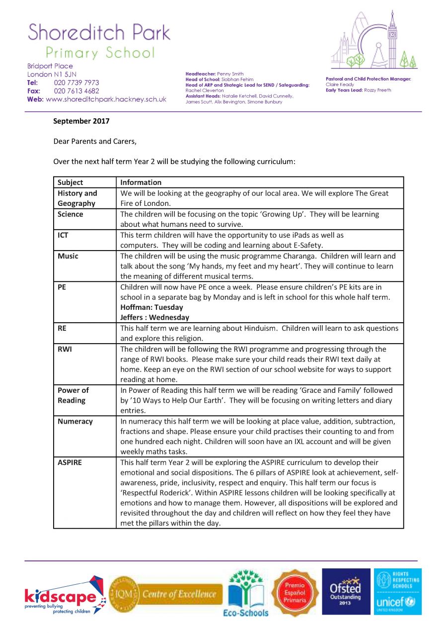 Year 2 Curriculum Letter - Autumn 1 2017 - Shoreditch Park Primary School