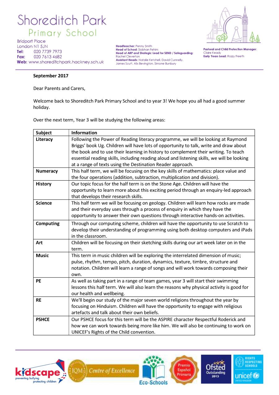 Year 3 Curriculum Letter - Autumn 1 2017 - Shoreditch Park Primary School