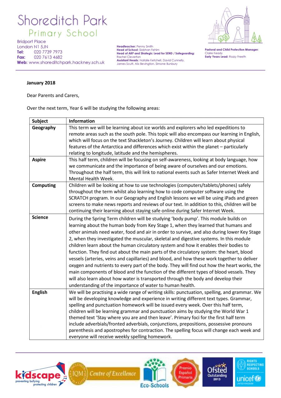 Year 6 - Spring 1 2018 Curriculum Letter - Shoreditch Park Primary School