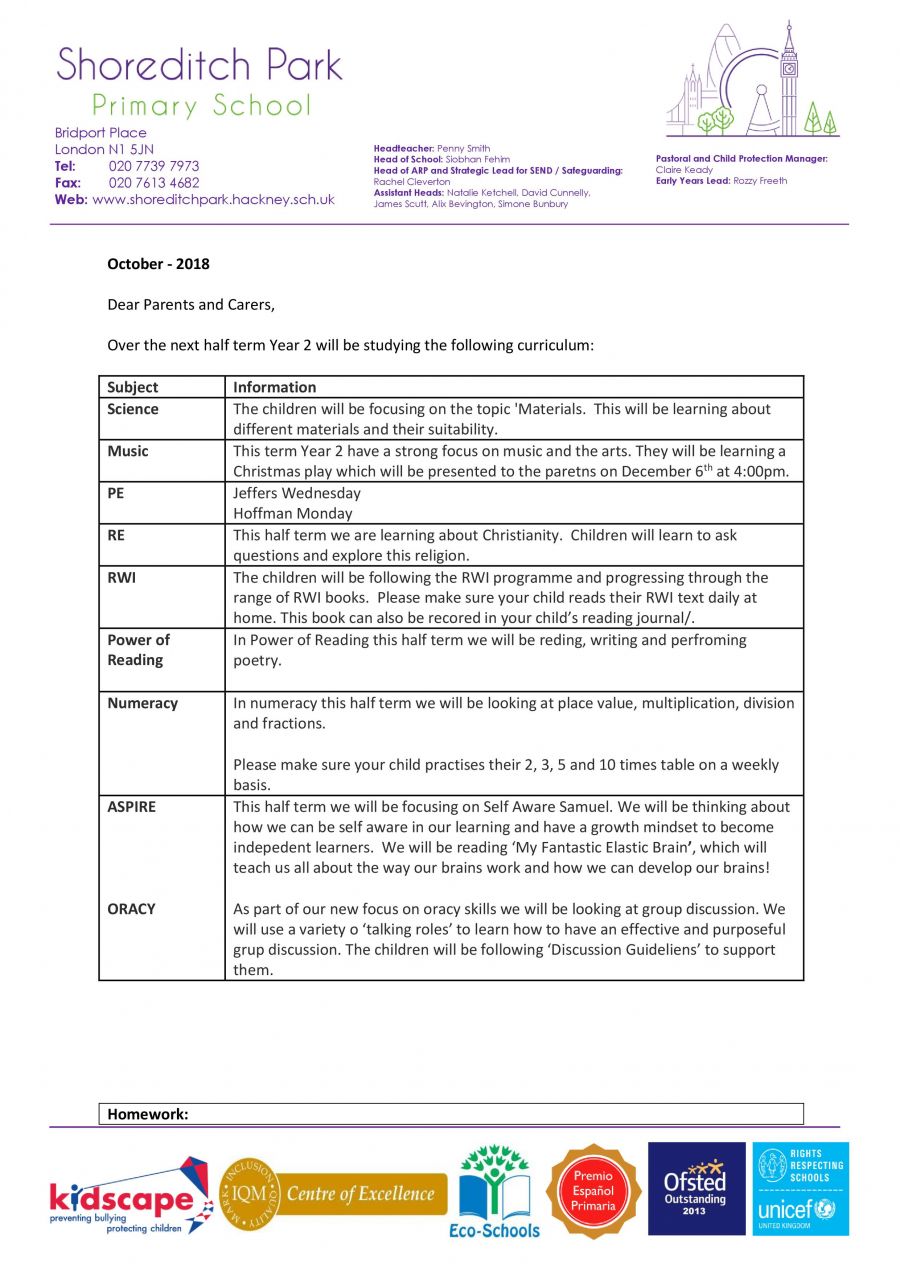 Year 2 Curriculum Letter - Autumn 2 2018 - Shoreditch Park Primary School