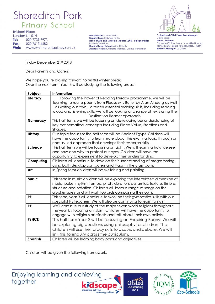Year 3 Curriculum Letter - Spring 1 2019 - Shoreditch Park Primary School