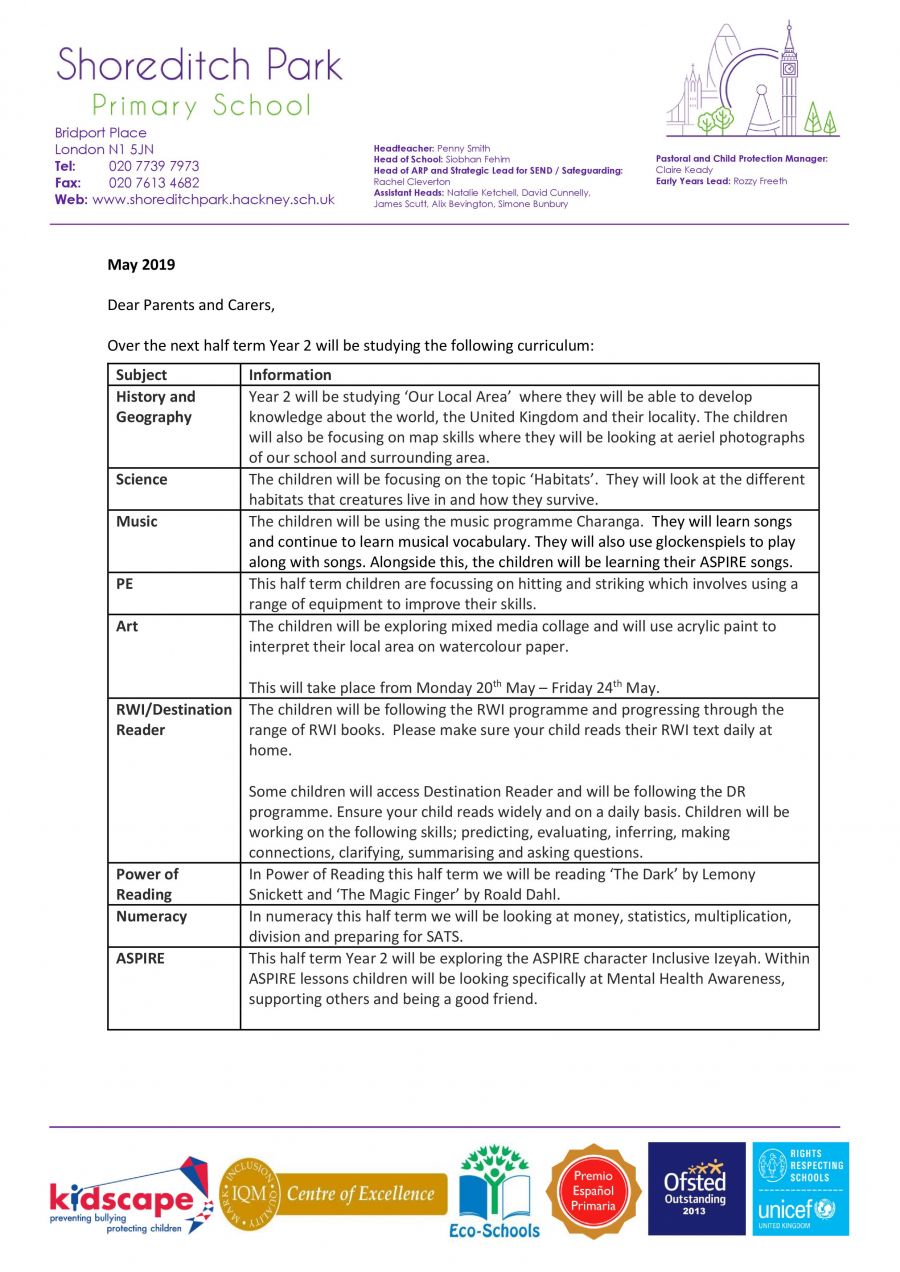 Year 2 Curriculum Letter - Summer 1 2019 - Shoreditch Park Primary School