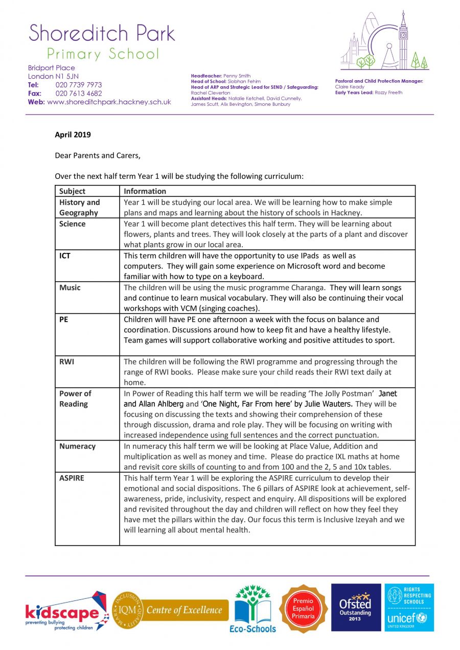 Year 1 Curriculum Letter - Summer 1 2019 - Shoreditch Park Primary School