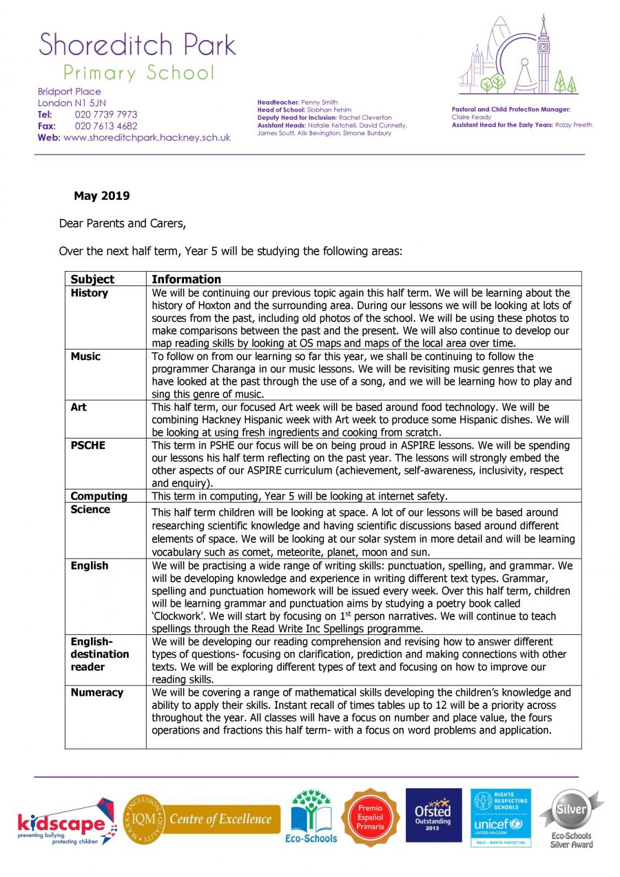 Year 5 Curriculum Letter - Summer 2 2019 - Shoreditch Park Primary School