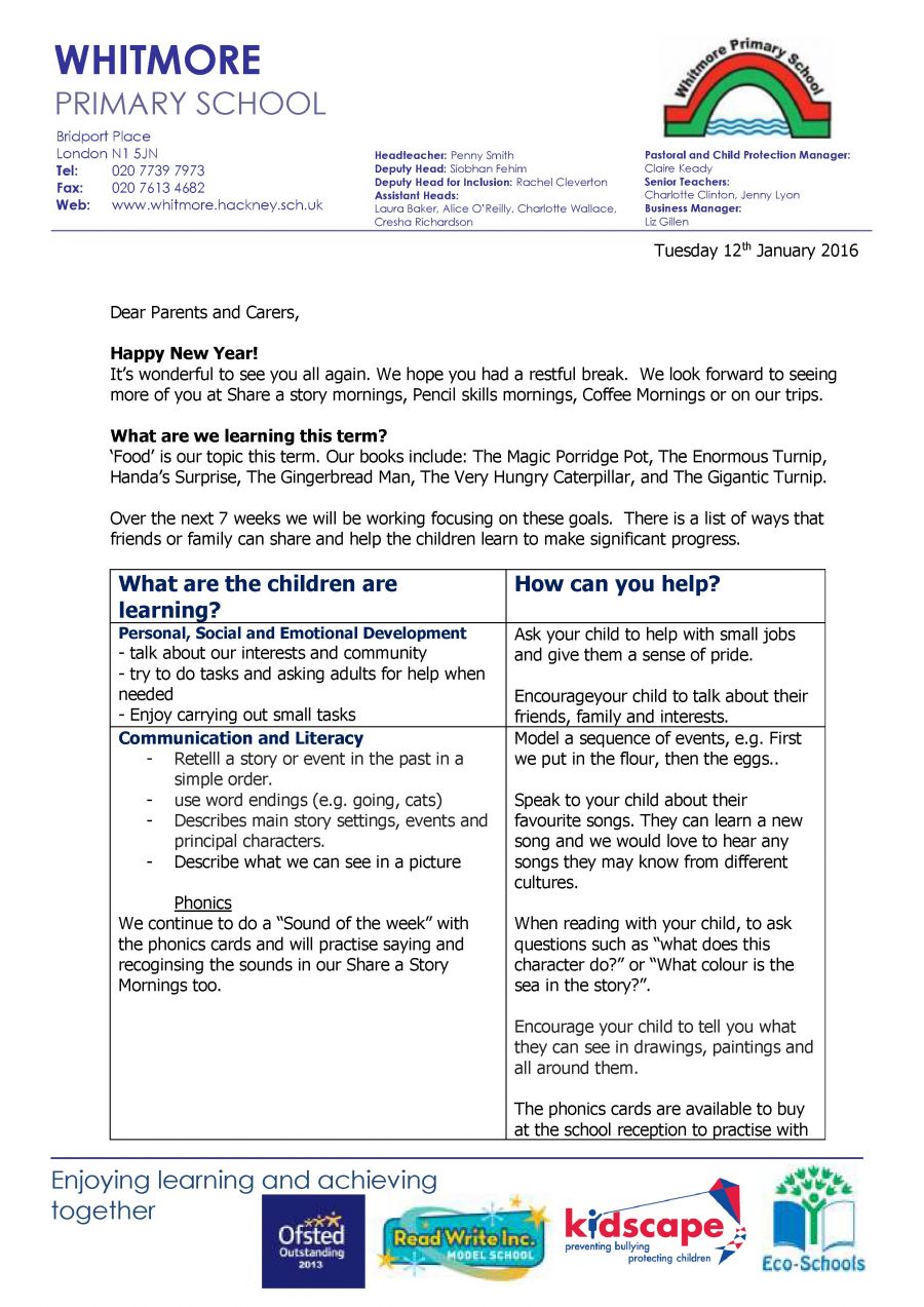 Nursery Spring 1 Curriculum Letter - Shoreditch Park Primary School