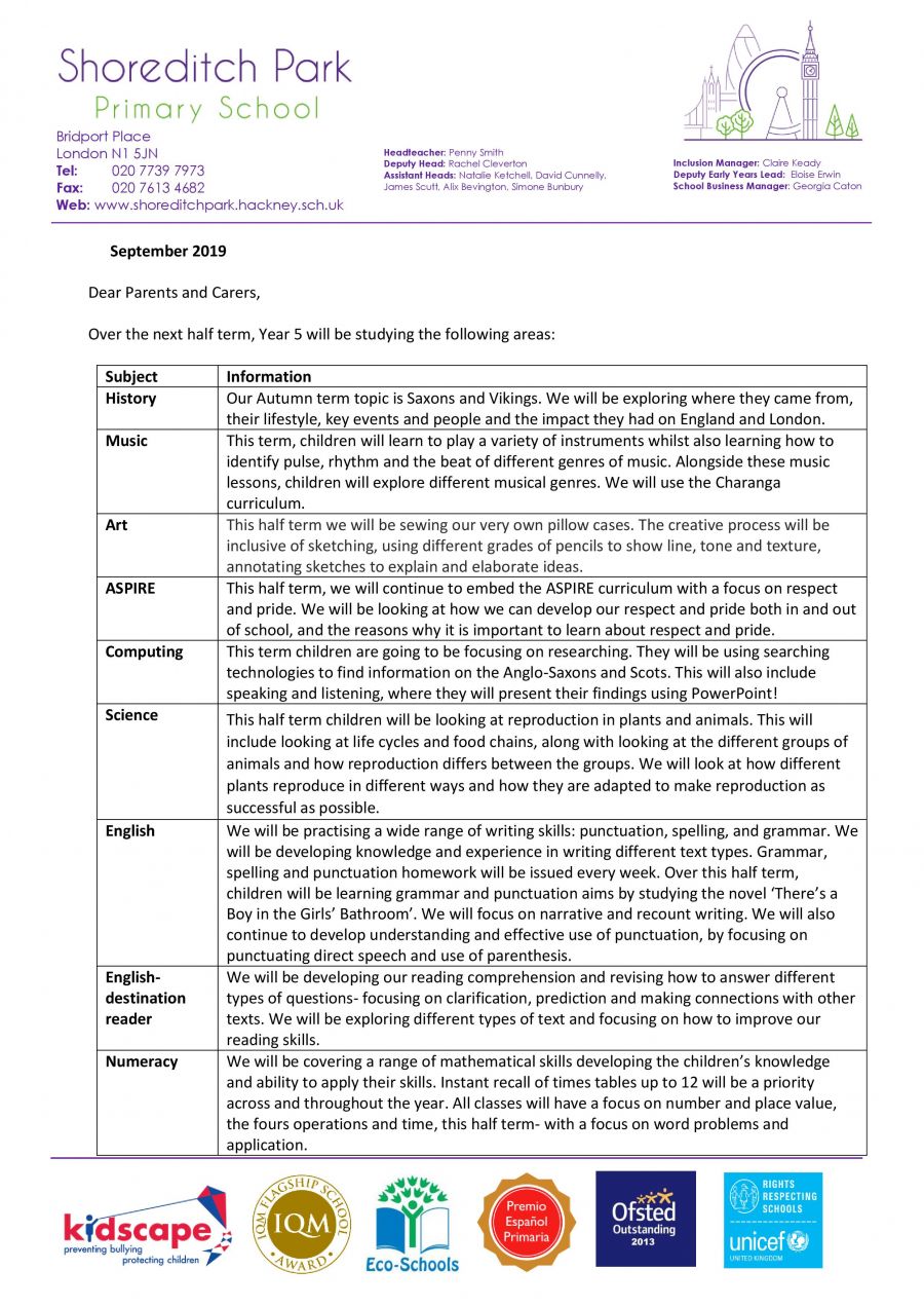 Year 5 Curriculum Letter - Autumn 1 2019 - Shoreditch Park Primary School