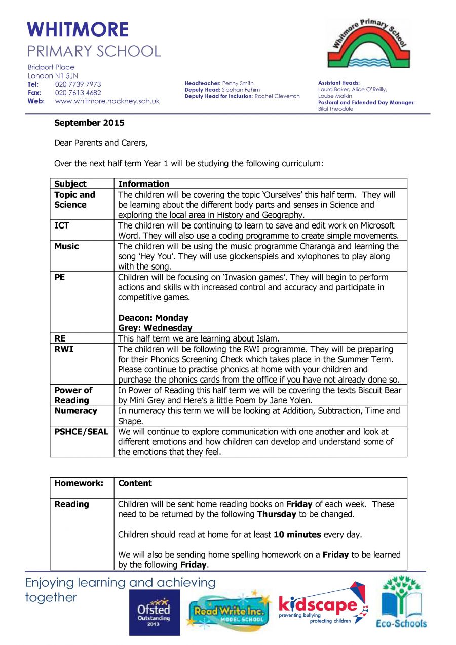 Year 1 - Autumn 1 2015 Curriculum Letter - Shoreditch Park Primary School