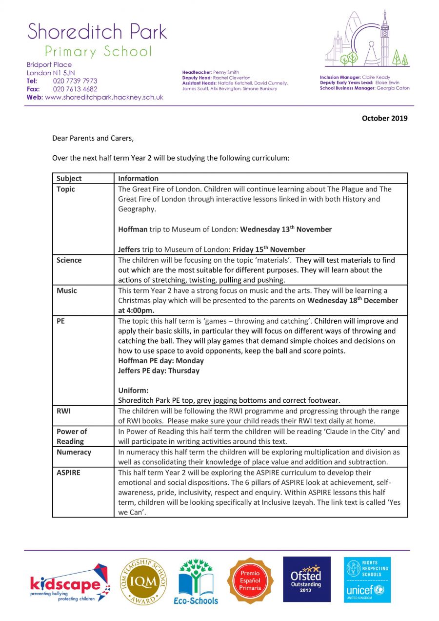 Year 2 Curriculum Letter - Autumn 2 2019 - Shoreditch Park Primary School