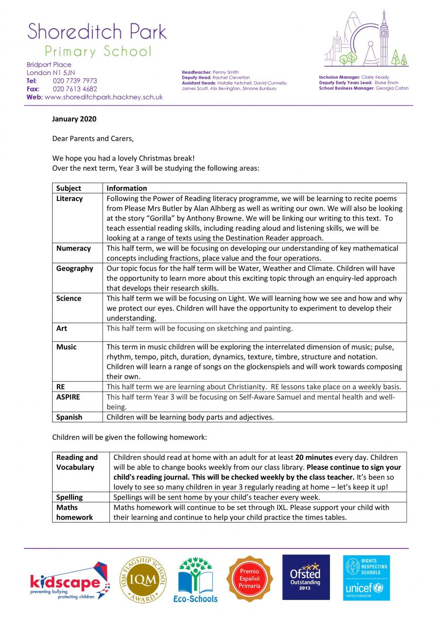 Year 3 Curriculum Letter - Spring 1 2020 - Shoreditch Park Primary School