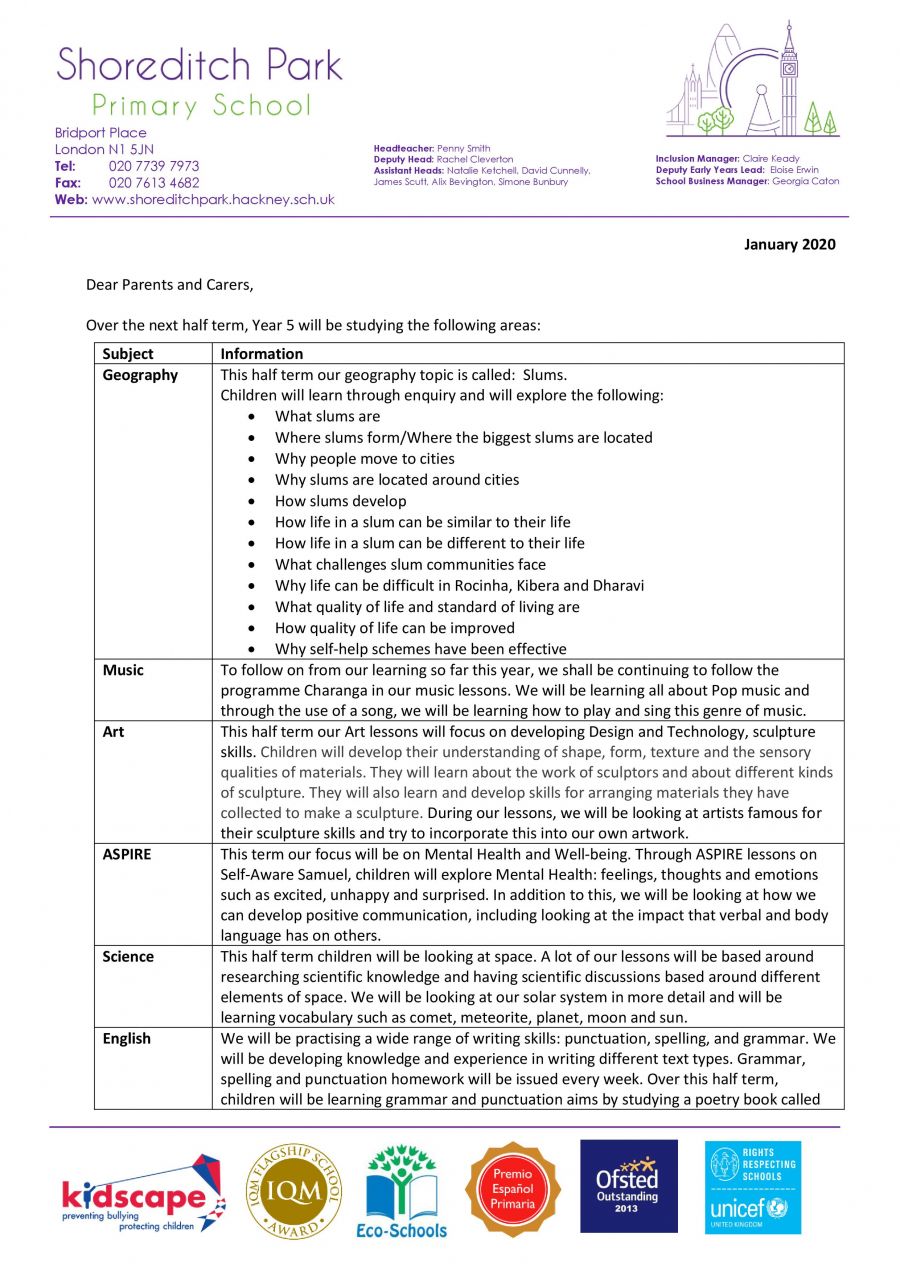 Year 5 Curriculum Letter - Spring 1 2020 - Shoreditch Park Primary School