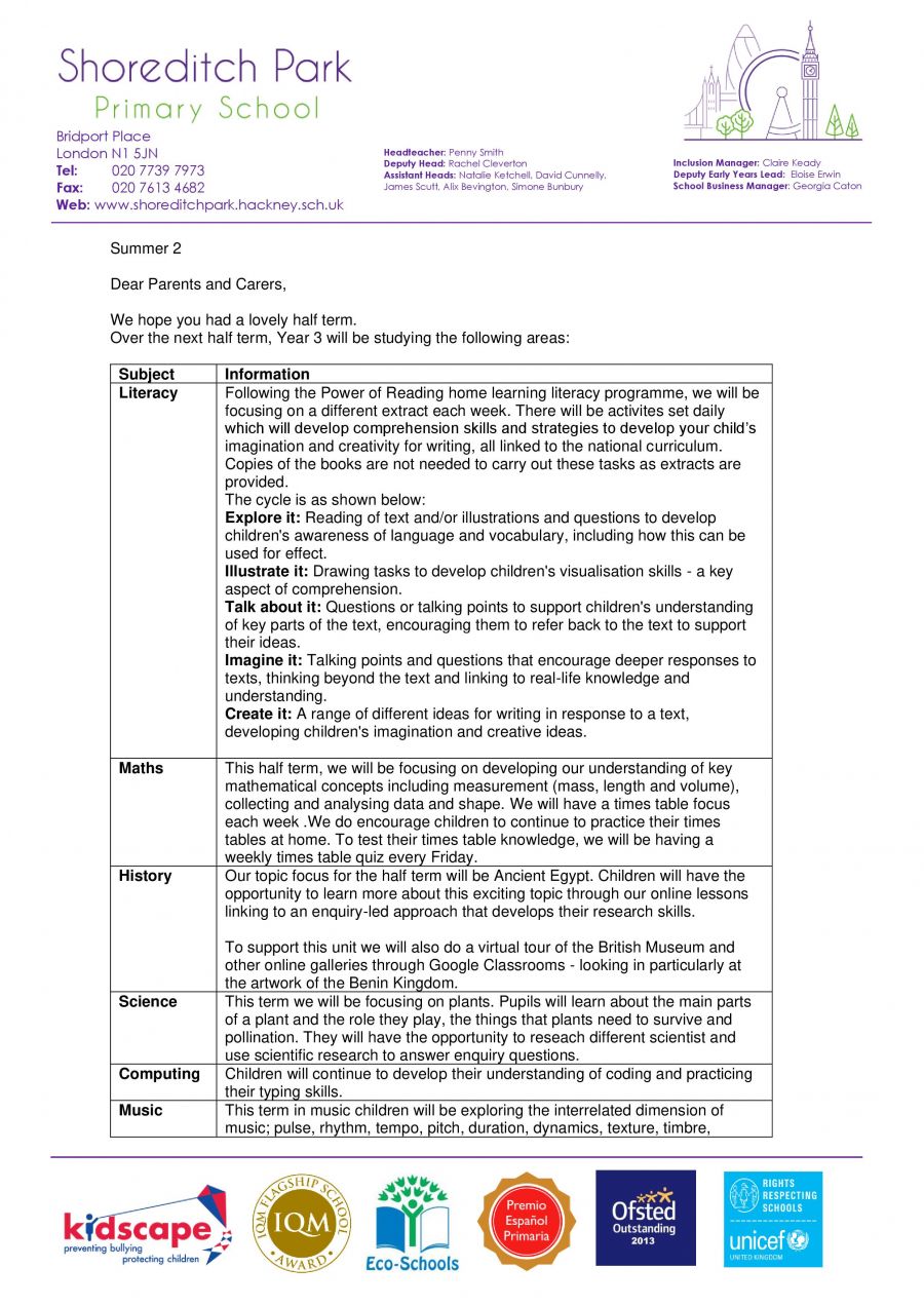 Year 3 Curriculum Letter - Summer 2 2020 - Shoreditch Park Primary School