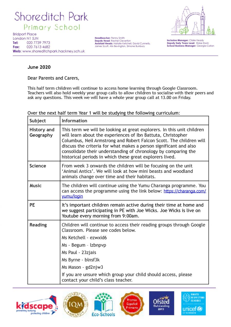 Year 1 Curriculum Letter - Summer 2 2020 - Shoreditch Park Primary School