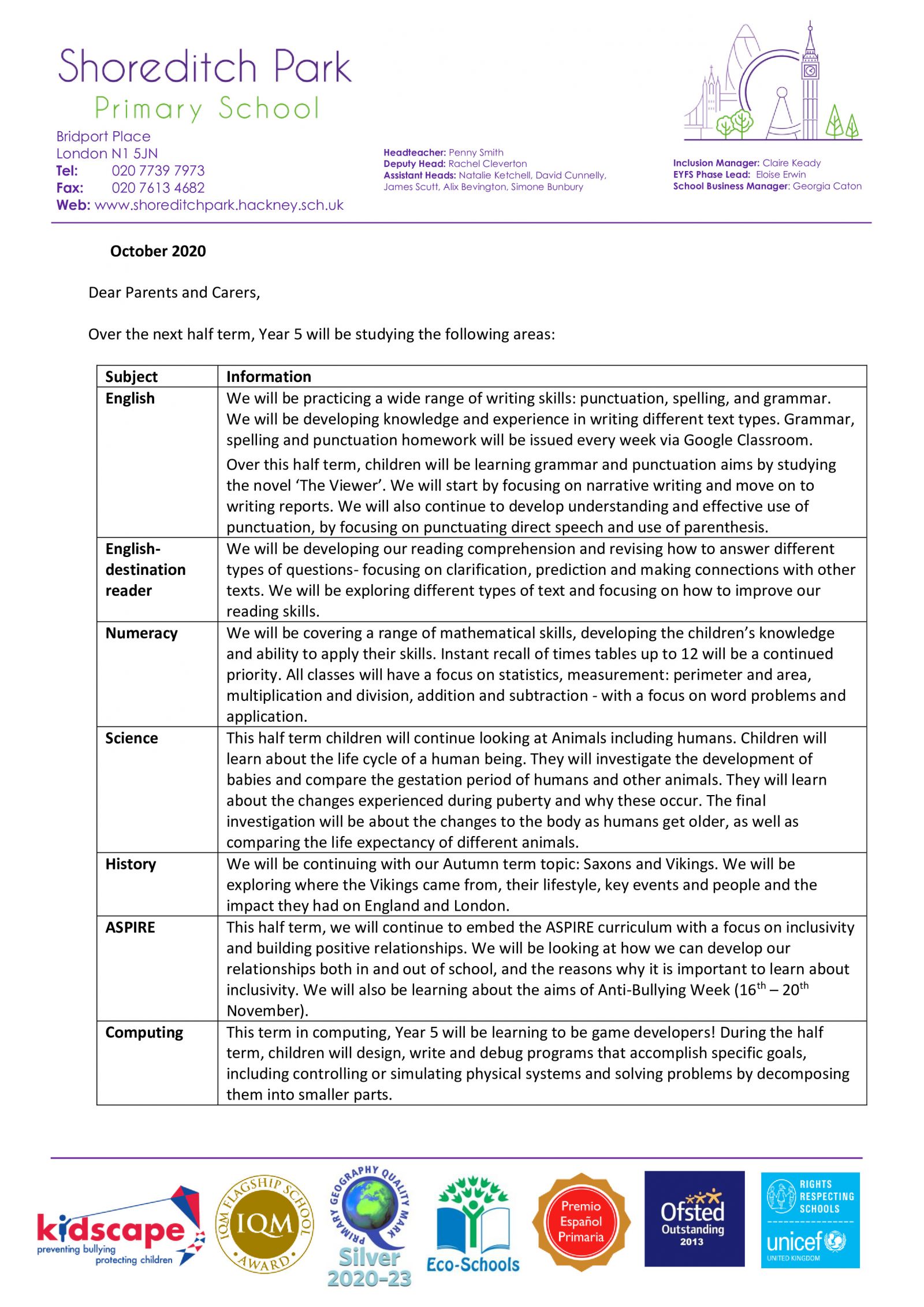 Year 5 Curriculum Letter - Autumn 2 2020 - Shoreditch Park Primary School