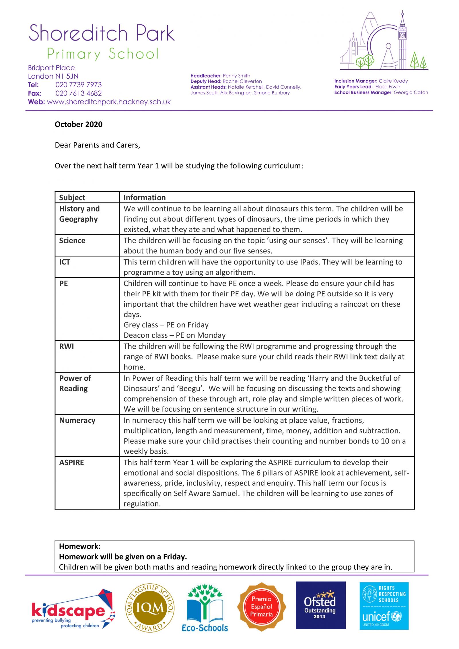 Year 1 Curriculum Letter - Autumn 2 2020 - Shoreditch Park Primary School