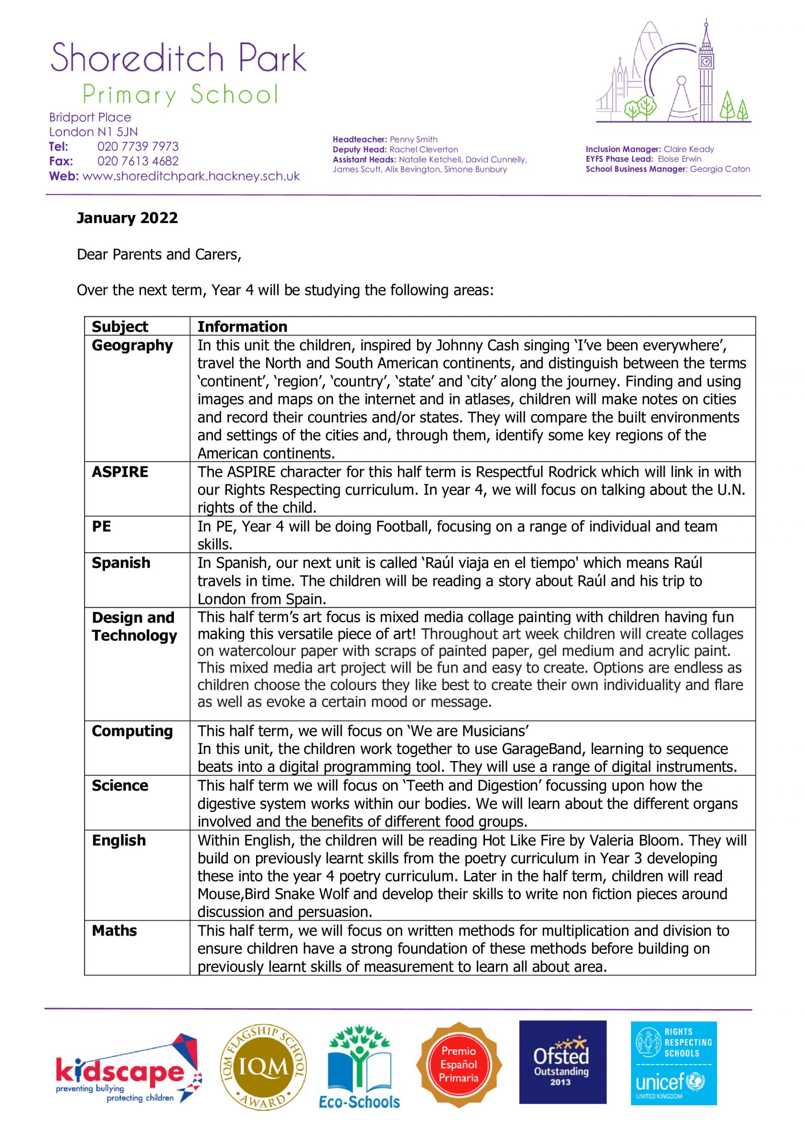 Year 4 Curriculum Letter - Spring 1 2022 - Shoreditch Park Primary School