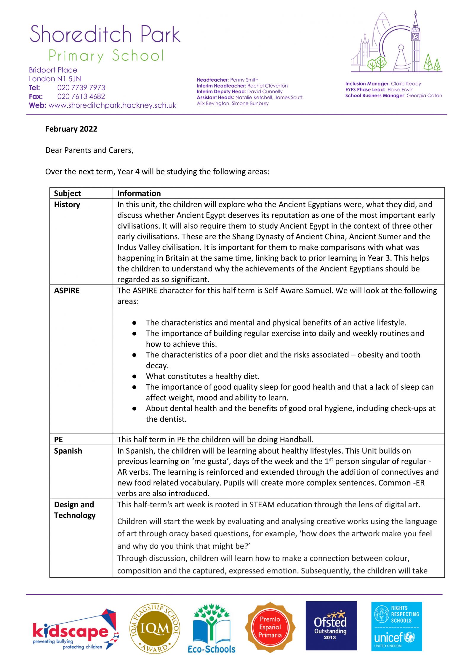 Year 4 Curriculum Letter - Spring 2 2022 - Shoreditch Park Primary School