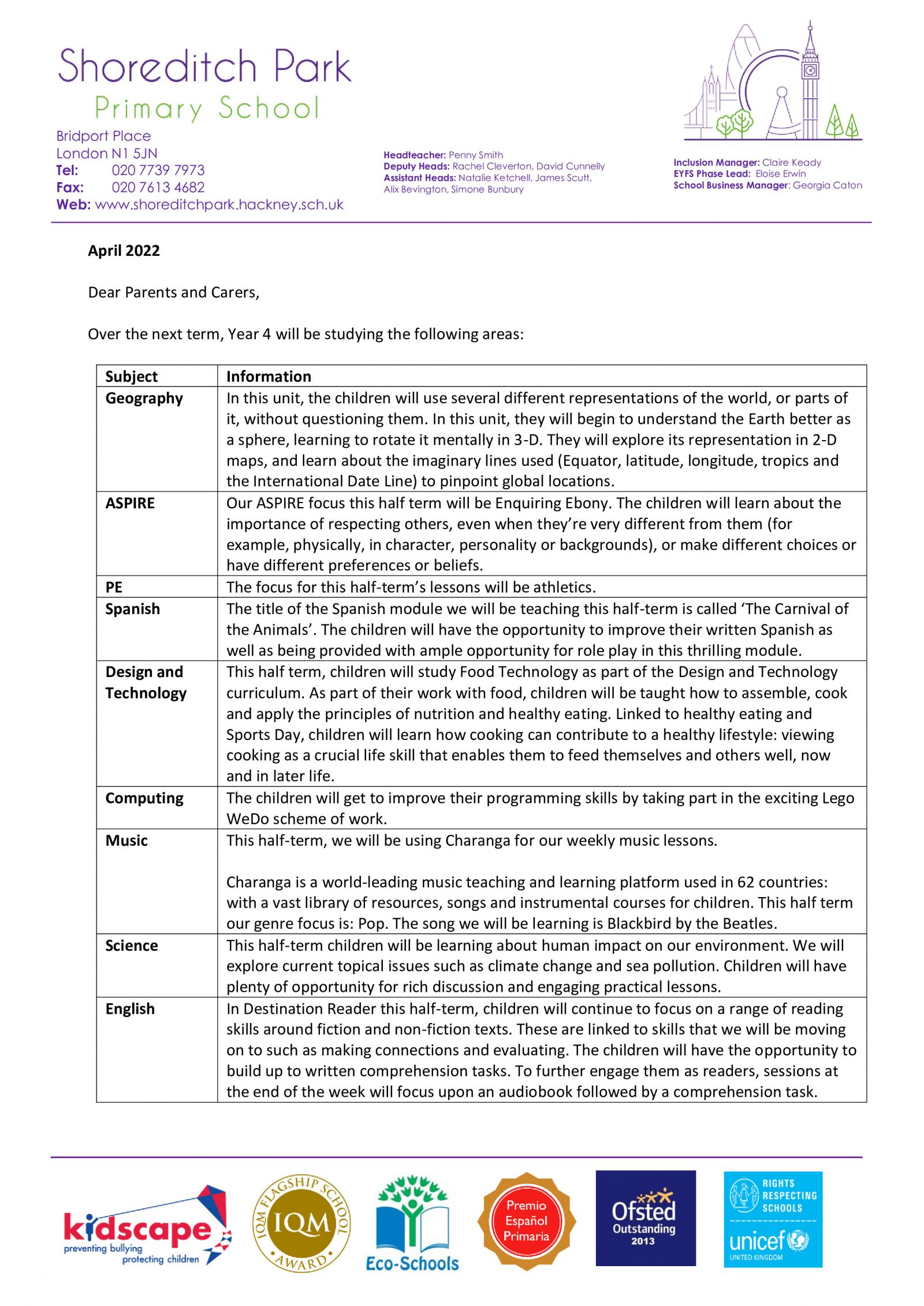 Year 4 Curriculum Letter - Summer 1 2022 - Shoreditch Park Primary School