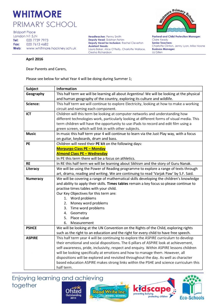 Year 4 Curriculum Letter - Summer 1 2016 - Shoreditch Park Primary School